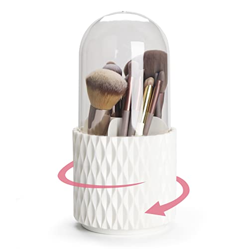 Makeup Brush Holder Organizer with Lid -360° Rotating Dustproof Make Up Brushes Container with Clear Acrylic Cover, Spinning Cosmetics Holders Storage Cup with 5 Compartment - color: White+Lid