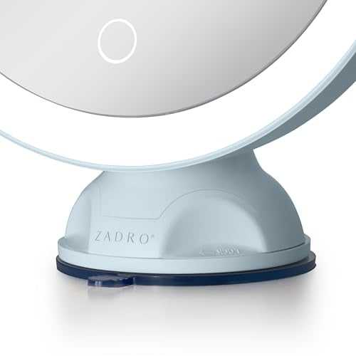 Zadro Zado 8.25-Inch x 6.9-Inch Round LED Lighted Wall Mounted Suction Cup Makeup Mirror with 10X Magnification and Touch Controls (French Blue) - color: French Blue