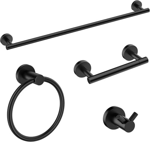 FORIOUS Bathroom Accessories, 4-Piece Bathroom Hardware Set - 18" Towel Bar | Matte Black | Towel Hooks, Towel Racks for Bathroom, Toilet Paper Holder Wall Mounted & Towel Ring | SUS304 Stainless Steel - color: Matte Black, size: 18 in | 4 Pieces