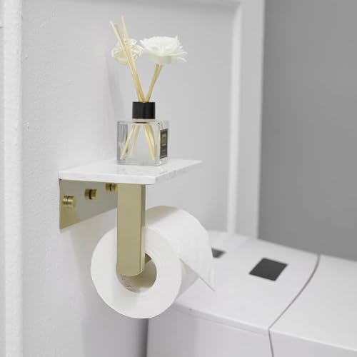 BWE Brushed Gold Toilet Paper Holder with Marble Shelf Wall Mounted | Toilet Paper Roll Holder with Phone Shelf 304 Stainless Steel Tissue Holder for Bathroom Washroom,Saving Space - color: Brushed Gold