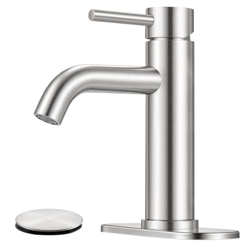 Bathroom Faucet, Single Handle Vanity Sink Faucet, Brushed Nickel | Brushed Nickel, for 1/3-Hole, Stainless Steel, Ceramic Cartridge, Pop-Up Drain, Deck Plate, For Vanity Powder Laundry - color: Brushed Nickel