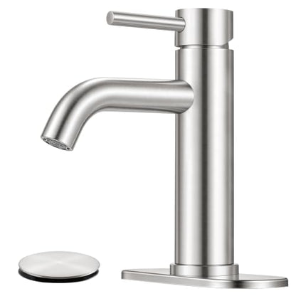 Bathroom Faucet, Single Handle Vanity Sink Faucet, Brushed Nickel | Brushed Nickel, for 1/3-Hole, Stainless Steel, Ceramic Cartridge, Pop-Up Drain, Deck Plate, For Vanity Powder Laundry - color: Brushed Nickel
