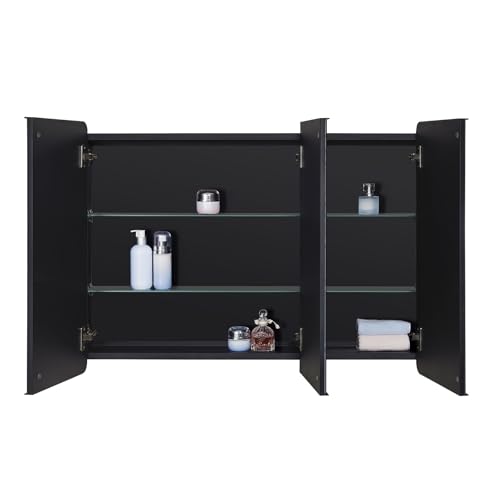 Bathroom Mirror Medicine Cabinet with Round Corner Framed Door 36 x 26 inch, Black，Recessed or Surface Mount, with Adjustable Glass Shelves - size: 36 x 26 inch