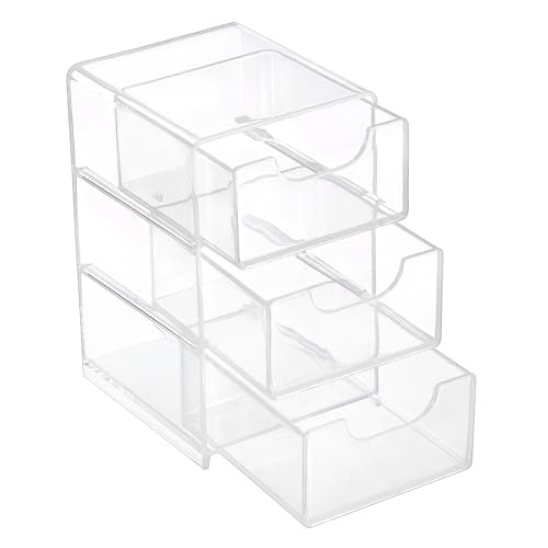 Hipiwe Clear Acrylic Drawer Organizer Bathroom Qtip Holder with 3 Drawers | Clear Desk Drawers Box for Cotton Pad, Cotton Swabs, Makeup Storage Drawer Bathroom Counter Organizer for Home Office