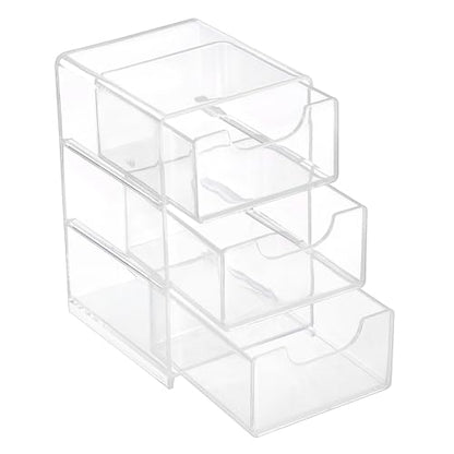 Hipiwe Clear Acrylic Drawer Organizer Bathroom Qtip Holder with 3 Drawers | Clear Desk Drawers Box for Cotton Pad, Cotton Swabs, Makeup Storage Drawer Bathroom Counter Organizer for Home Office
