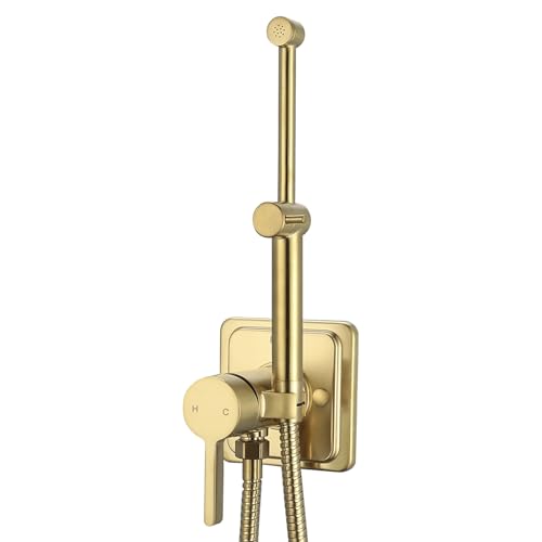 Brushed Gold Handheld Warm Water Bidet Sprayer Mounted on the Wall, Concealed Hot and Cold Bidet Sprayer with Mixing Valve for Toilet - color: Brushed Gold