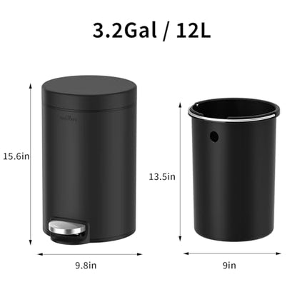 mVm Bathroom Trash Can,3.2 Gallon/12 Lliter Step Garbage Can with Lid and Foot Pedal,Soft-Close,Anti-Fingerprint.Round Stainless Steel Trash Can for Bathroom,Bedroom,Office,Living Room (Matte Black) - color: Black, size: 3.2Gal/12L