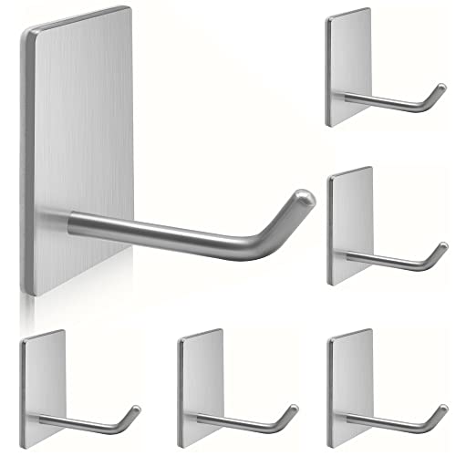 Stick on Hooks for Towels, Waterproof Wall Mount, Silver, 6 Pack | Drill-free sticky wall hooks for kitchen, bathroom & door; hang towel, coat, hat, keys; stainless steel wall mounting - color: 6Silver