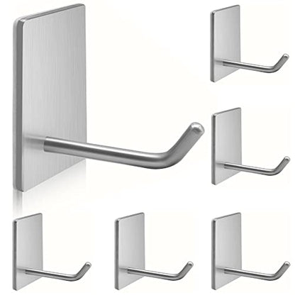 Stick on Hooks for Towels, Waterproof Wall Mount, Silver, 6 Pack | Drill-free sticky wall hooks for kitchen, bathroom & door; hang towel, coat, hat, keys; stainless steel wall mounting - color: 6Silver
