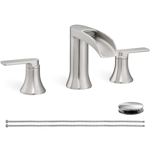Brushed Nickel Bathroom Faucet 3 Hole, 4-8 Inch Waterfall Bathroom Sink Faucet Widespread with Drain & cUPC Supply Hose, 2 Handles for Vanity, Lavatory, Restroom, Brass Material, 10 Mins Install - color: Brushed Nickel - Modern