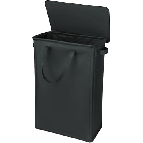 GOMAJI Slim Laundry Basket with Lid and Handles, Foldable Laundry Basket for Clothes, Clothes Hamper Easy to Carry, Dirty Hampers for Bedroom, Bathroom, Dorm, College, 12.7 Gallons(48L) - color: BLACK