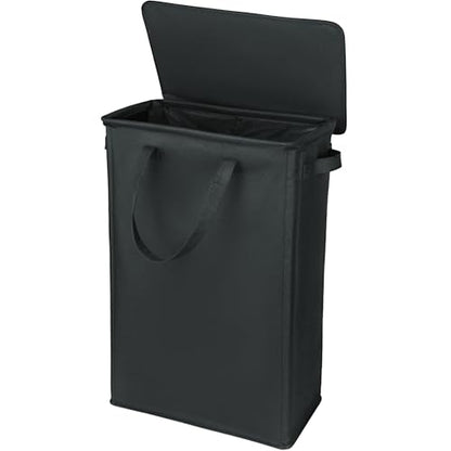 GOMAJI Slim Laundry Basket with Lid and Handles, Foldable Laundry Basket for Clothes, Clothes Hamper Easy to Carry, Dirty Hampers for Bedroom, Bathroom, Dorm, College, 12.7 Gallons(48L) - color: BLACK