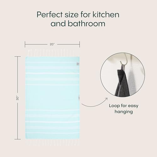 WETCAT Turkish Hand Towels with Hanging Loop, Set of 2 (20" x 30") 100% Turkish Cotton, Pre-Washed, Quick Drying, for Kitchen or Bathroom - Aqua - color: Aqua