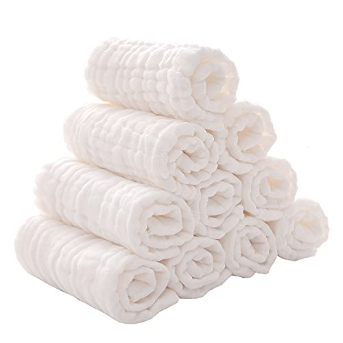 Baby Muslin Washcloths -6 Layer Soft Absorbent Face Towel - Natural Newborn Wipes for Delicate Skin - Baby Registry as Shower - size: 12x12 Inch (Pack of 10)
