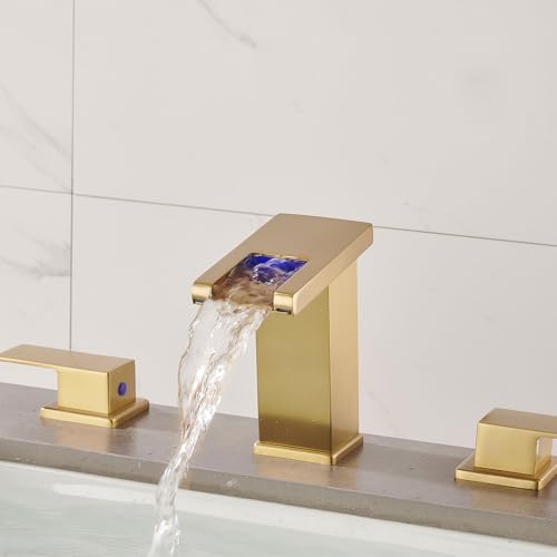 LED Bathroom Faucet 3 Hole, Brushed Gold Waterfall Bathroom Faucets, 8 Inch Widespread Modern Bathroom Sink Faucet, Wide Spread Touch On Three Hole 2 Handle Bathroom Vanity Faucet - color: Brushed Gold