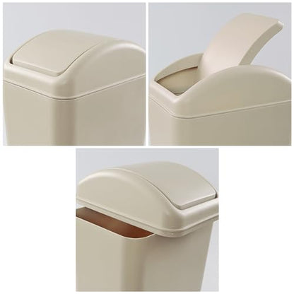 Obstnny 3.2 Gallon Slim Plastic Trash Can for Narrow Spaces, Khaki, 14L | Swing Lid Garbage Can Use at Home or Office