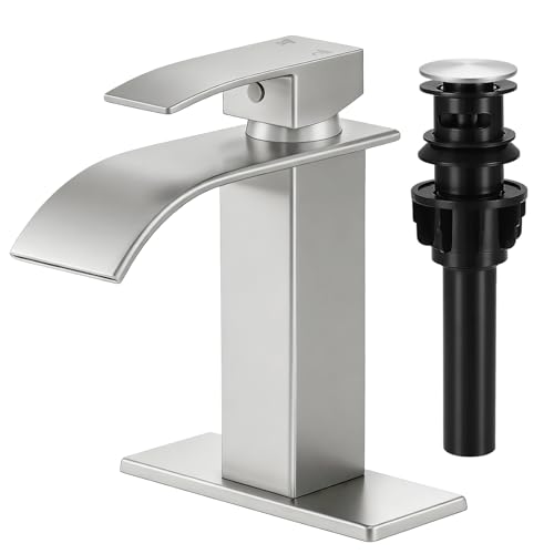 Bathroom Faucet Brushed Nickel Waterfall Single Handle Vanity Faucet | with Pop-up Drain & Deck,Supply Hoses,Stainless Steel Bathroom Sink Faucet 1 or 3 Hole,RV,Farmhouse Bathrooms - color: A-Brushed Nickel, style: Short