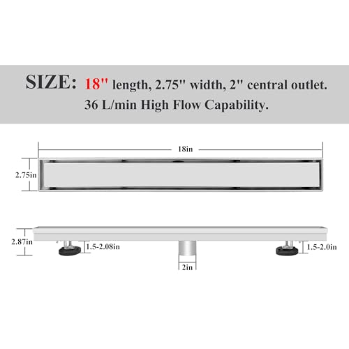 18 Inch Linear Shower Drain Brushed Floor Drain with Removable 2-in-1 Tile Insert Grate Cover and SUS304 Stainless Steel CUPC Certificate (18 inch) - color: Brushed, size: 18inch