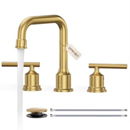 WOWOW Gold Bathroom Faucet 3 Hole, Widespread Vanity Sink Faucets 8 Inch | Copper Inlet Brushed Gold Faucet for Bathroom Sink with Swivel Spout, 2 Handles Lavatory Tap with Drain and cUPC Supply Line - color: Brushed Gold, style: Upgrade-8 Inch
