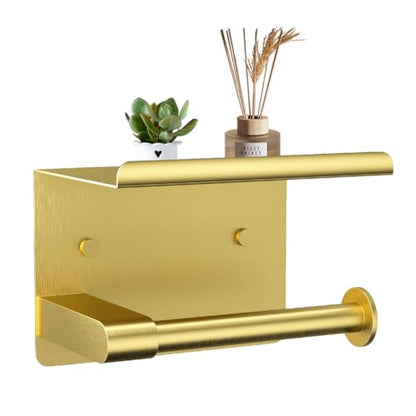 Premium Toilet Paper Holder with Phone Shelf, Wall Mounted, for Bathroom, Living Room, Restroom, RV, and so on, Stainless Steel-Rustproof,Tissue Roll Holder with Storage Shelf-Gold(YaoJooHome) - color: Gold