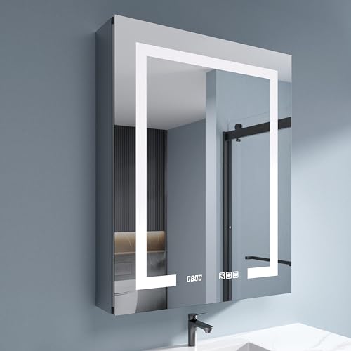 Medicine Cabinet with Lights 24x30 Anti-Fog Mirror Dimmable | 3 Color Dimmable LED. Time Temp Display. Anti-Fog IP44. 2 Outlets+2 USB. Plug-in/Hardwired. Recessed/Wall Mount. Left Hinge. - size: 24x30"L, style: Style-A