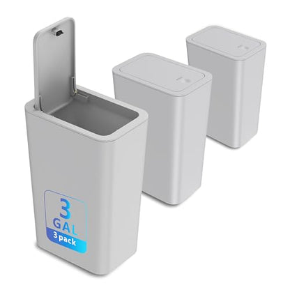 N. NETDOT 3 Pack Small Trash Can with lid, 3 Gallon Bathroom Trash Can,Garbage Can Slim Trash Bin Waste Basket for Bathroom,Kitchen,Bedroom,Living Room,Office,Laundry - Grey - color: Gray, size: 3 X 3 Gal