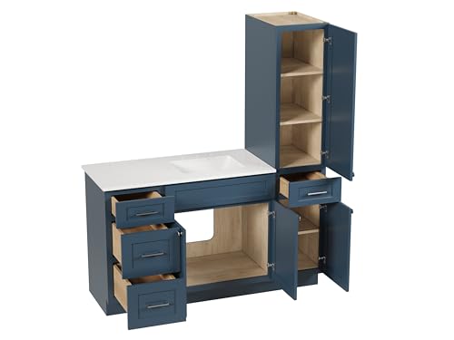 60" Bathroom Vanity with Linen Storage Tower and 4 Drawers, Carrara Quartz Top and Ceramic Sink, Left or Right Tower Option, Solid Wood Frame, 61" x 22" x 72" (Navy Blue, Right Tall Cabinet) - color: Navy Blue