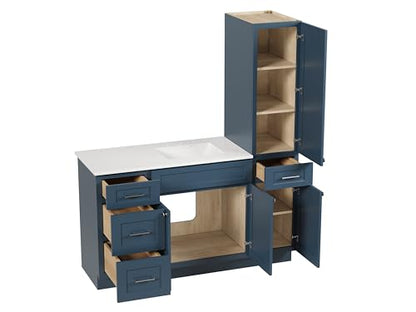 60" Bathroom Vanity with Linen Storage Tower and 4 Drawers, Carrara Quartz Top and Ceramic Sink, Left or Right Tower Option, Solid Wood Frame, 61" x 22" x 72" (Navy Blue, Right Tall Cabinet) - color: Navy Blue