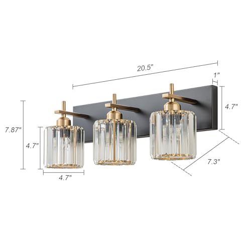 Modern Crystal Bathroom Vanity Lights, 3-Lights Black Gold Bathroom Light Fixtures Over Mirror, Crystal Vanity Light with Polished Gold Finish(Exclude Bulb) - color: Black Gold-Round Shade, size: 3-Light