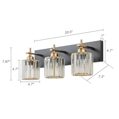 Modern Crystal Bathroom Vanity Lights, 3-Lights Black Gold Bathroom Light Fixtures Over Mirror, Crystal Vanity Light with Polished Gold Finish(Exclude Bulb) - color: Black Gold-Round Shade, size: 3-Light