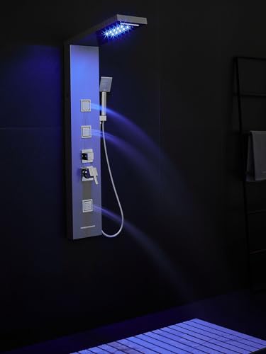5-in-1 LED Shower Panel Tower System Stainless Steel | Rainfall + waterfall heads | 3 massage sprays | Handheld shower | Waterfall tub spout | LED lights | Wall mount - color: Brushed Nickel