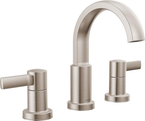 Delta Albion Brushed Nickel Bathroom Faucet 3 Hole, 8 Inch Widespread Bathroom Sink Faucet for Vanity, Metal Push-Pop Drain Assembly, SpotShield Brushed Nickel 35855LF-SP - color: Spotshield Stainless