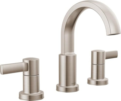 Delta Albion Brushed Nickel Bathroom Faucet 3 Hole, 8 Inch Widespread Bathroom Sink Faucet for Vanity, Metal Push-Pop Drain Assembly, SpotShield Brushed Nickel 35855LF-SP - color: Spotshield Stainless