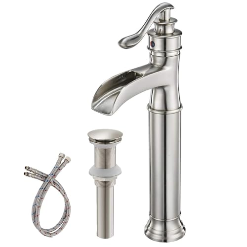 BWE Waterfall Vessel Sink Faucet Brushed Nickel Single Handle 1 Hole | Tall Bathroom Sink Faucets Commercial Mixer Tap with Supply Line and Pop Up Drain without Overflow Lavatory Vanity - color: Brushed Nickel