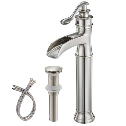 BWE Waterfall Vessel Sink Faucet Brushed Nickel Single Handle 1 Hole | Tall Bathroom Sink Faucets Commercial Mixer Tap with Supply Line and Pop Up Drain without Overflow Lavatory Vanity - color: Brushed Nickel