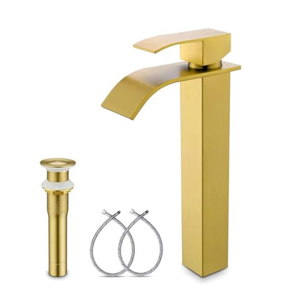 Gold Vessel Sink Faucet, Single Hole Waterfall Tall Bathroom Vanity Faucet | Brushed Gold Vessel Sink Faucet, YardMonet Single Handle Bathroom Faucet with Drain Assembly and Hose, Stainless Steel - size: Tall