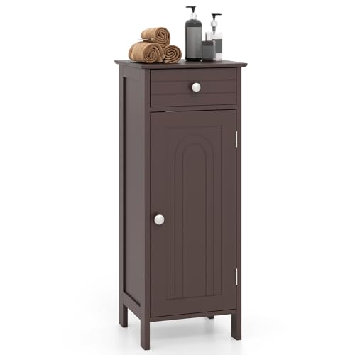 Giantex 34.5" Bathroom Cabinet with Drawer & Single Door (Brown) | Narrow Side Storage Organizer with 6 Shelf Positions, Freestanding Floor Storage Cabinet for Bathroom, Living Room, Entryway - color: Brown, size: 12"D x 14"W x 34.5"H