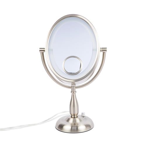 JERDON Lighted Makeup Mirror with 10X Magnification - Nickel - HL9510NL | Two-Sided 1X View, 8" x 10" Oval Frame, 15X Spot Mirror, 17.5" Tall - color: Nickel Tabletop