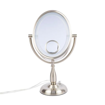 JERDON Lighted Makeup Mirror with 10X Magnification - Nickel - HL9510NL | Two-Sided 1X View, 8" x 10" Oval Frame, 15X Spot Mirror, 17.5" Tall - color: Nickel Tabletop