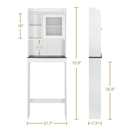 SUPER DEAL Over The Toilet Bathroom Storage Cabinet Freestanding Wooden Bathroom Organizer with Adjustable Shelves and Glass Door, White - color: White