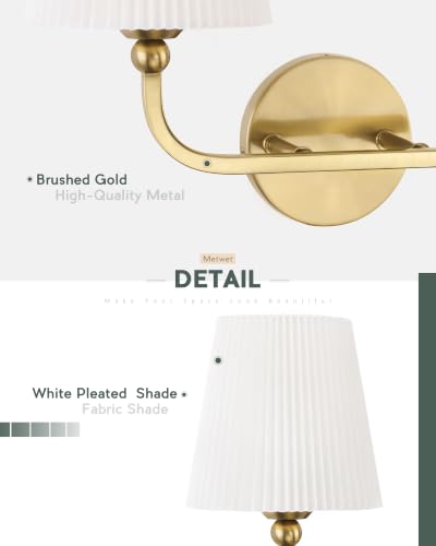 2-Light Brushed Gold Bathroom Vanity Light, Pleated Fabric Shade | 17" 2-light gold double wall sconce with white pleated fabric shades, E26 bulbs, hardwired, upward only, VL837-BG-Z-2 - color: Brushed Gold, White Pleated Shade, size: 2-light