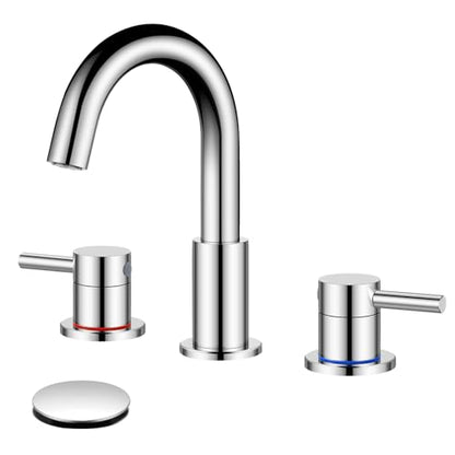 FGKQ 3-Hole 2-Handle Widespread Bathroom Sink Faucet, Chrome | Stainless steel, pop-up drain included, 360°swivel spout, for vanity sink 3-hole mount, 8-in widespread - color: Chrome