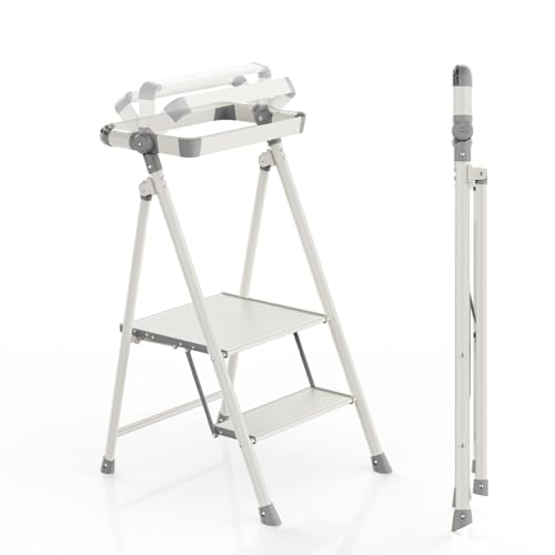 Foldable Toddler Tower, 2-Step Kids Step Stool with Safety Rail, Compact Folding Toddler Standing Stool for Kitchen, Bathroom and Home, Step Ladder for Toddlers and Adults - color: Smoky Gray