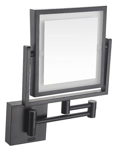 Wall Mounted Lighted Makeup Mirror Square Wall Mounted Double Sided 1X/3X Magnifying Mirror Rotation Extension Bathroom Mirror(Black,Hardwired) - color: Black