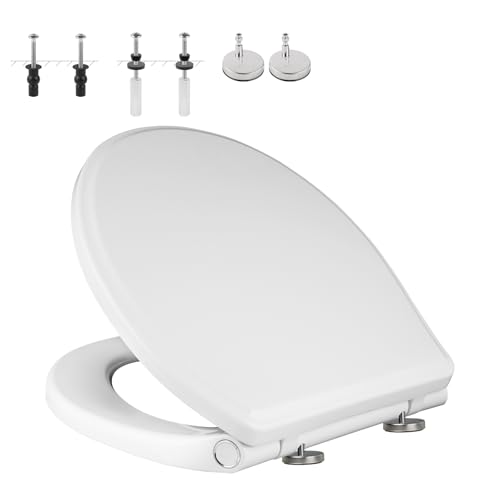 Universal Elongated Toilet Seat Softclose Cover, One-Click to Quick Release | Compatible with TOTO/Gerber/Kohler Oval Toilet Seats, 2-Pack Toilet Bolts and Nuts, Non-Slip Toilet Bumpers, White - style: One-click Universal Elongated Fit