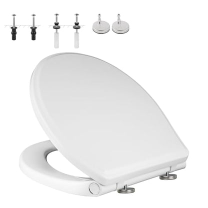 Universal Elongated Toilet Seat Softclose Cover, One-Click to Quick Release | Compatible with TOTO/Gerber/Kohler Oval Toilet Seats, 2-Pack Toilet Bolts and Nuts, Non-Slip Toilet Bumpers, White - style: One-click Universal Elongated Fit