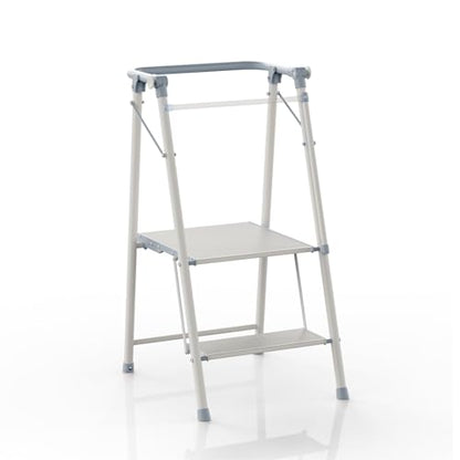 Foldable Toddler Tower, 2-in-1 Alloy Steel Kids Kitchen Step Stool & Adult 2-Step Ladder, Folding Kitchen Tower with Removable Safety Rail, Anti-Slip Steps for Kitchen & Bathroom - color: Cool Gray & Ivory