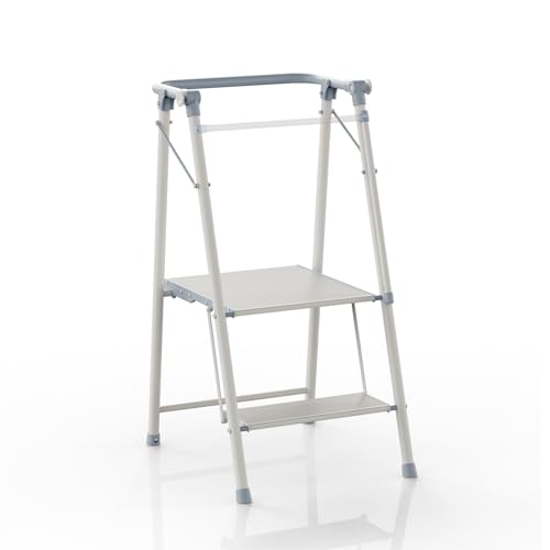 Foldable Toddler Tower, 2-in-1 Alloy Steel Kids Kitchen Step Stool & Adult 2-Step Ladder, Folding Kitchen Tower with Removable Safety Rail, Anti-Slip Steps for Kitchen & Bathroom - color: Cool Gray & Ivory