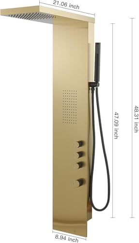 Shower Panel Tower System, Brushed Gold | Stainless Steel, Multifunction Shower Tower System, Bathroom Rainfall Shower Head Hand Shower and Large Area Body Spray - color: Gold, style: 3 IN 1 Shower Panel