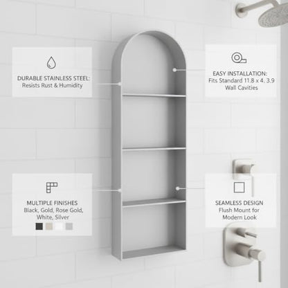 Recessed Shower Niche Stainless Steel, 11.8 x 4.7 x 3.9 Inch Arched Wall Shelf for Bathroom Storage, Rust-Resistant Built-in Insert (1 Pack) - color: Metallic